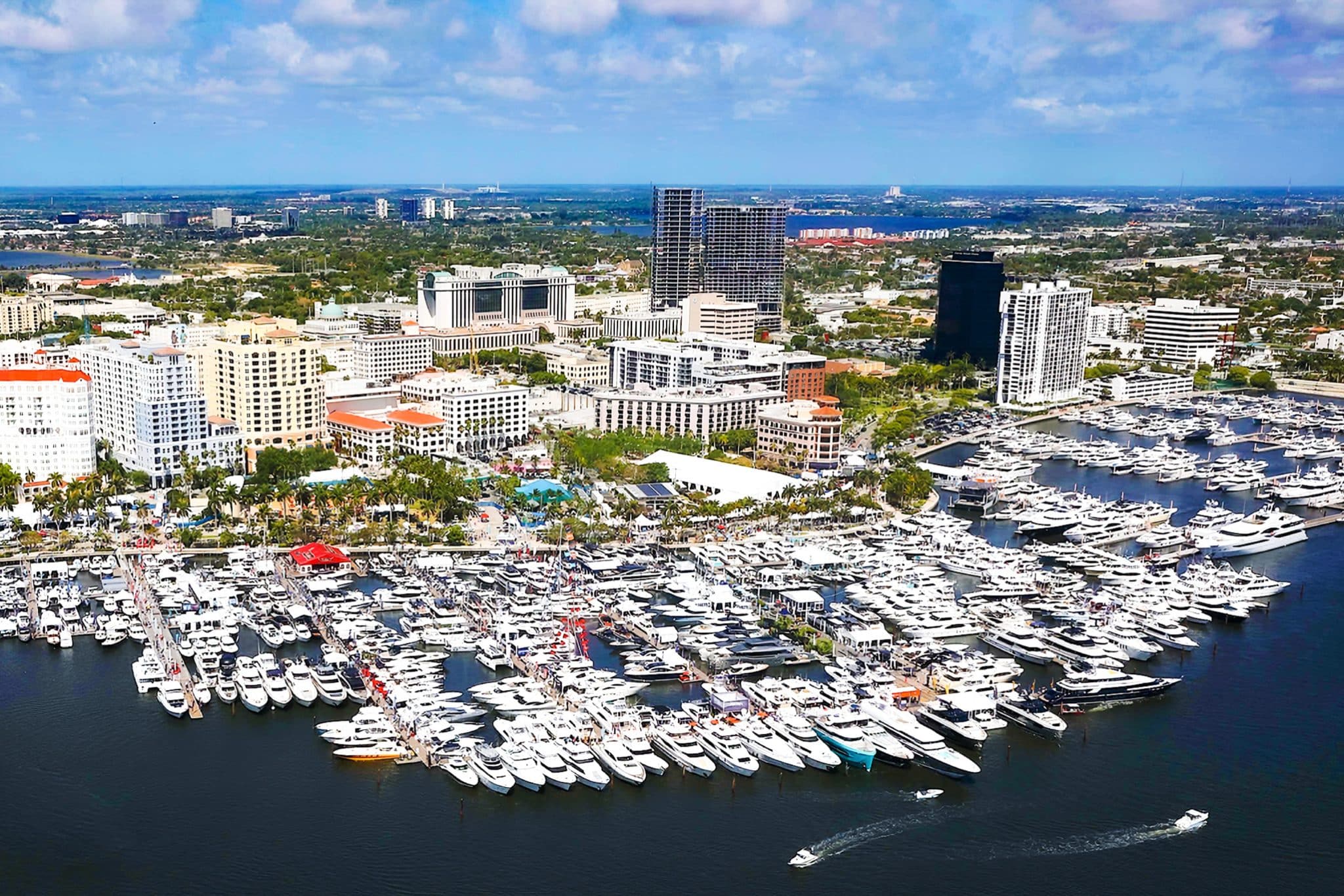 Aerial view of hundreds of yachts at the Palm Beach marina boat show