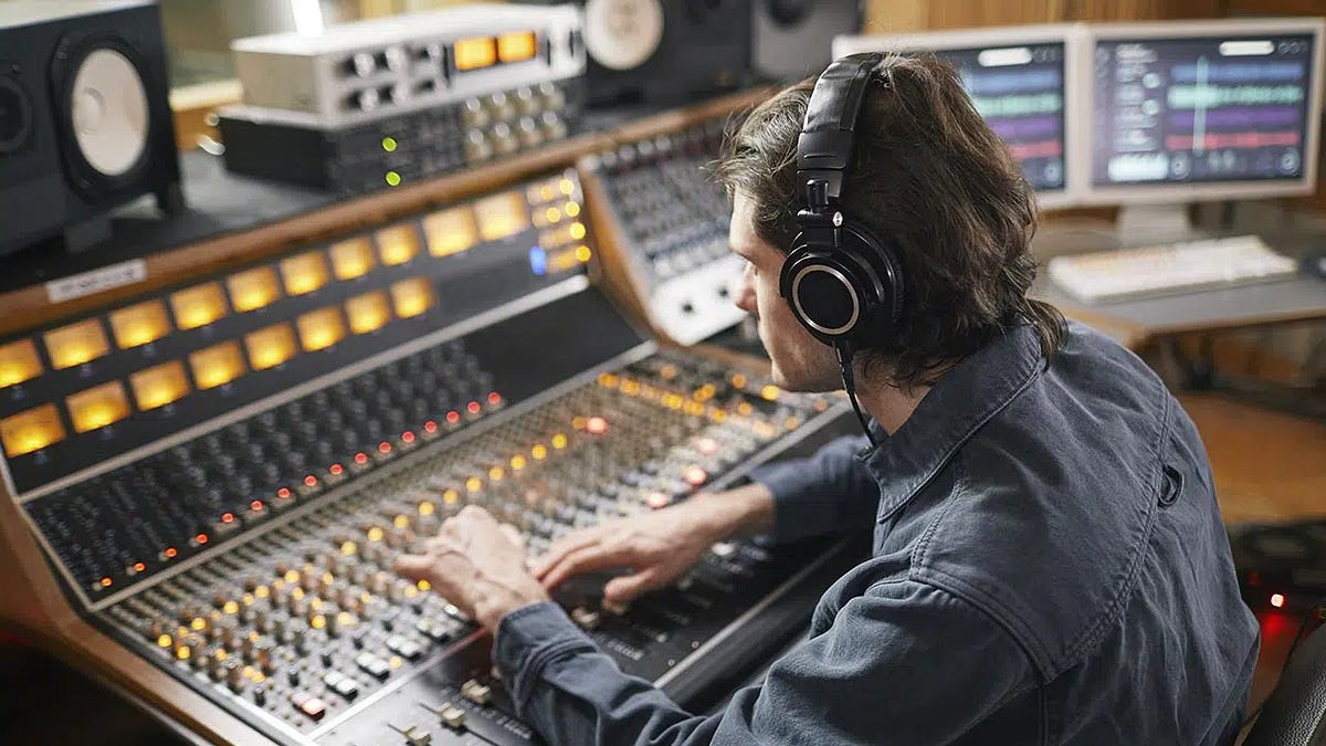Music producer working at a large mixing console in a recording studio